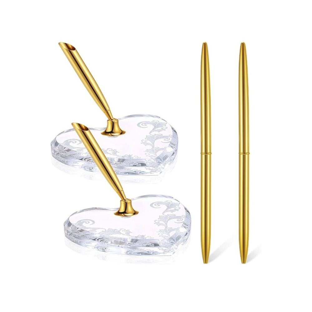 2pc Gold Pen Set Heart Acrylic Stand Wedding Guest Book Desk Decor